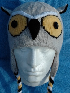Front View Knitted Great Horned Owl Hat, knitting pattern, knits r us