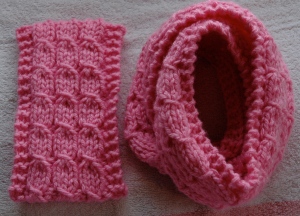 Girls Pink Mock Cable Headband & Matching Looped Cowl, knit r us, knitting pattern
