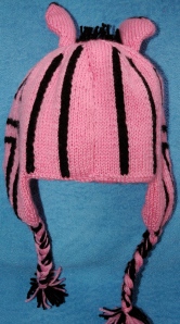 Back view of the knitted Pink Zebra hat
