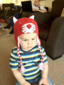 Liam in the red cat hat, knits r us, knitting patterns